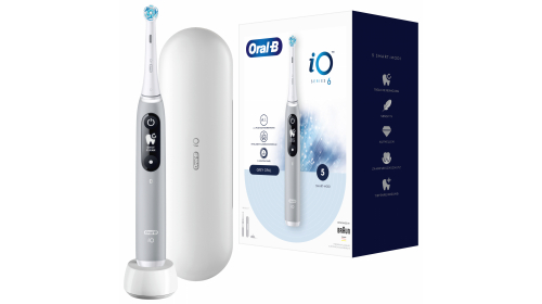 Oral-B iO Series 6 elektrische Zahnbürste mit Magnet-Technologie & sanften Mikrovibrationen, 5 Putzprogramme & Display, Reiseetui, Grau/Opal