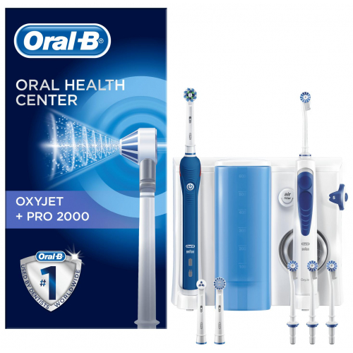 Oral-B Mundpflegecenter PRO 2000 Elektrische Zahnbürste + Oxyjet Munddusche, für eine sanfte Reinigung am Zahnfleischrand, 4 OxyJet Aufsteckdüsen