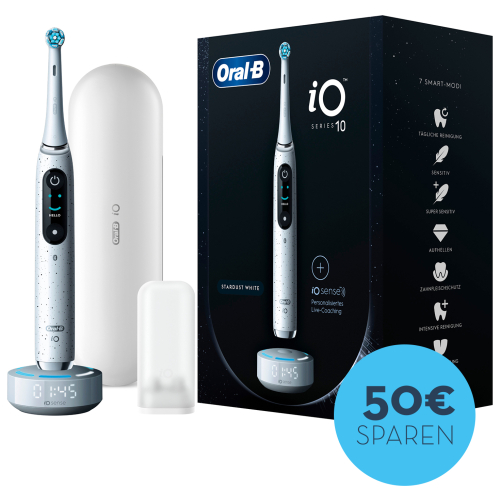 Oral-B iO Series 10, elektrische Zahnbürste mit iOSense, Magnet-Technologie, 7 Putzmodi, 3D-Analyse, Farbdisplay & Lade-Reiseetui, Stardust White