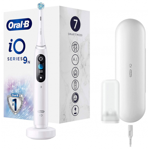Oral-B iO Series 9N Elektrische Zahnbürste mit Magnet-Technologie, sanfte Mikrovibrationen, 7 Putzprogramme & Farbdisplay, Lade-Reise-Etui, White/Alabaster