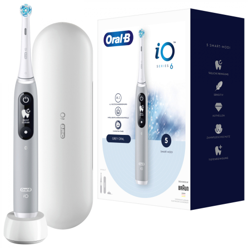 Oral-B iO Series 6 elektrische Zahnbürste mit Magnet-Technologie & sanften Mikrovibrationen, 5 Putzprogramme & Display, Reiseetui, Grau/Opal