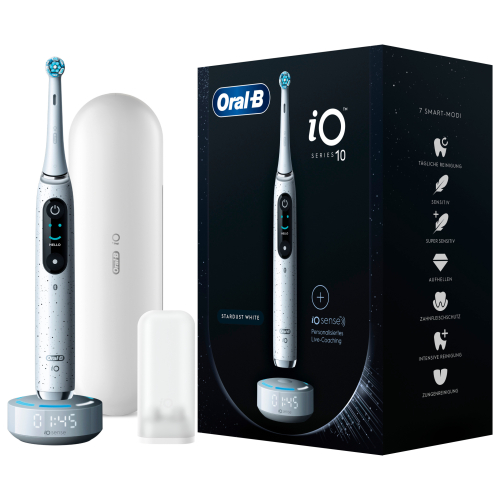 Oral-B iO Series 10, elektrische Zahnbürste mit iOSense, Magnet-Technologie, 7 Putzmodi, 3D-Analyse, Farbdisplay & Lade-Reiseetui, Stardust White