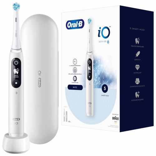 Oral-B iO Series 6 elektrische Zahnbürste mit Magnet-Technologie & sanften Mikrovibrationen, 5 Putzprogramme & Display, Reiseetui, Weiß
