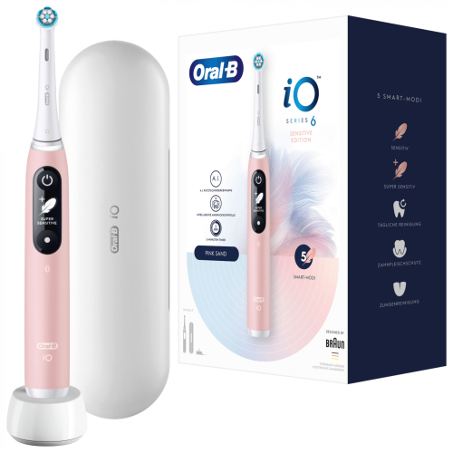 Oral-B iO Series 6 Sensitive Edition elektrische Zahnbürste mit Magnet-Technologie & sanften Mikrovibrationen, 5 Putzprogramme & Display, Reiseetui, Pink/Sand