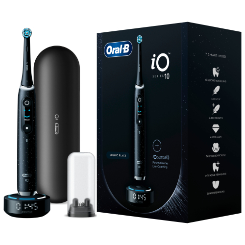 Oral-B iO Series 10, elektrische Zahnbürste mit iOSense, Magnet-Technologie, 7 Putzmodi, 3D-Analyse, Farbdisplay & Lade-Reiseetui, Cosmic Black